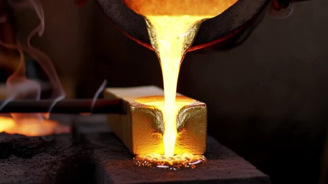 Molten metal pouring into mold, glowing liquid steel casting process, industrial foundry manufacturing scene, hot smelting furnace flow, metallurgy production concept, heavy industry craftsmanship, ex
