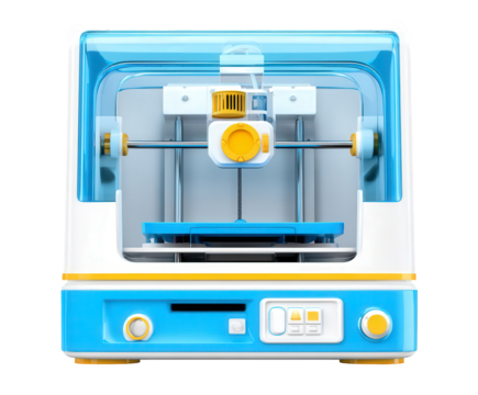 A modern, compact 3d printer with a blue and white design, featuring a transparent blue lid and a yellow nozzle, isolated on a transparent background