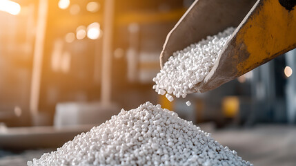 Depicts pellets being poured by heavy equipment, suggestive of raw material handling in industrial processes. Focuses on material characteristics and handling for manufacturing.