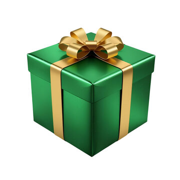 A beautifully wrapped green gift box with a golden ribbon and a large golden bow, isolated on a plain background, perfect for celebrations and special occasions.