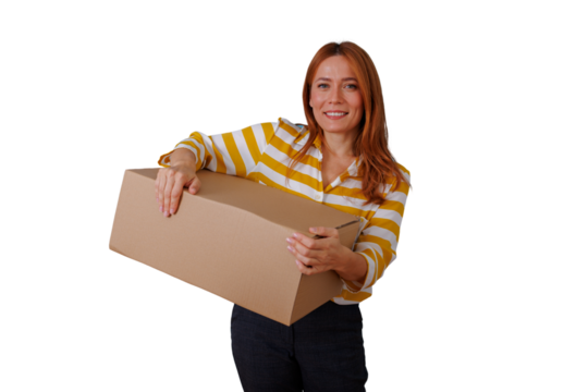 Woman smiling, holding cardboard package, delivering goods or receiving parcel, expressing satisfaction