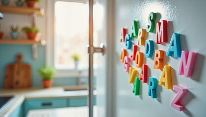 Colorful magnetic letters on fridge in kitchen