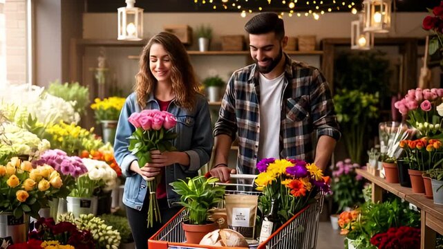Couple happily choosing flowers together in a vibrant flower shop.