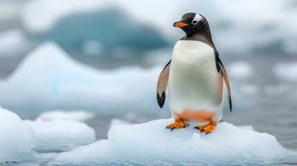 Obraz premium Close-Up Portrait of a Watchful Gentoo Penguin with Dark Eyes on Antarctic Ice, Sea in Background