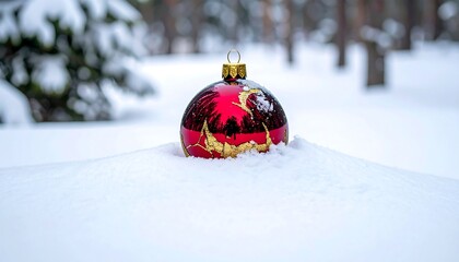 Festive Red Christmas Ornament in Snowy Winter Forest Holiday Season Decoration