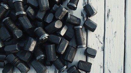 Assorted tap bolts on white wooden surface