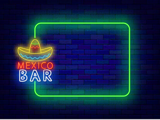 Mexico bar. Mexican restaurant neon banner. Mexico holiday and festival. Cafe invitation. Vector stock illustration