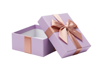Isolated gift box, lilac-colored with light pink ribbon, lid slightly open for gifting surprise