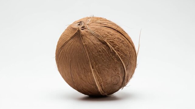 Close-Up of a Textured Brown Coconut Against a Clean White Background
