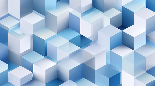 Abstract geometric pattern of blue and white cubes, creating a modern, textured background. The cubes are arranged to produce a 3D effect