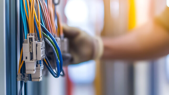 A technician in gloves expertly manages a vibrant array of colored electrical wires, ensuring seamless and safe connections. Precision in every electrical task.