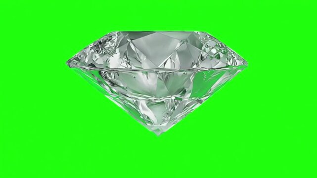 Rotating shiny cut diamond gemstone isolated on bright green chroma key background spinning crystal jewel motion graphic template for advertising editing compositing luxury wealth precious stone symbo