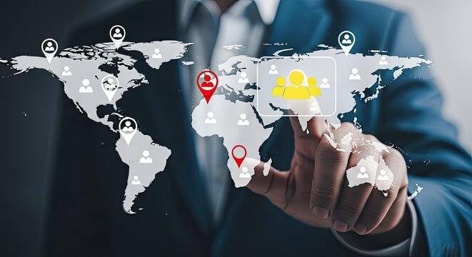 Person Touching Team Icon On World Map Background; Global Network, Connection