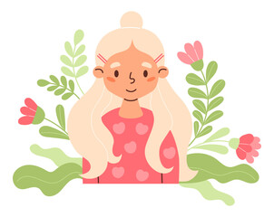 Cute Girl Blonde in Pink with Flowers and Leaves. Female Portrait Character. Vector illustration  for poster, banner, card, design Kids collection. Not AI