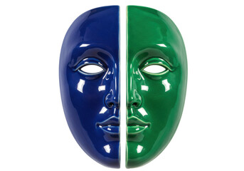 Isolated blue-green theatrical masks, two-tone dramatic expression, ceramic face sculptures
