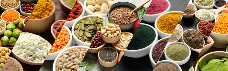 Superfood. Different powders and food products, collage