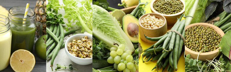 Superfood. Different smoothies and food products, collage