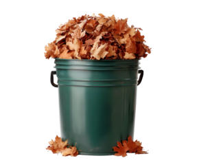 A green bucket overflowing with dry autumn leaves, isolated on transparent background
