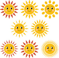 Collection of adorable cartoon sun characters with diverse happy and sad expressions