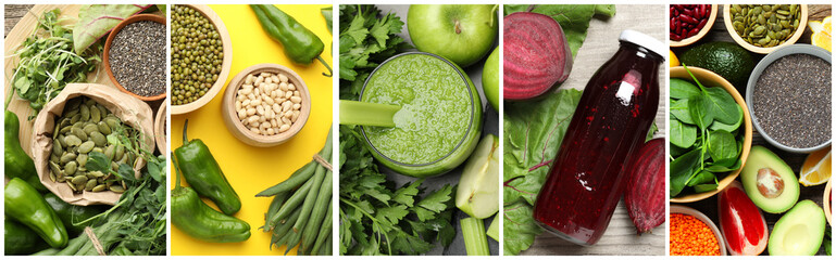 Superfood. Different smoothies and food products, collage. Top view