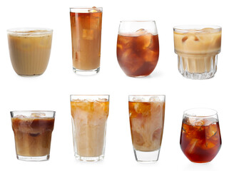 Iced coffee. Different drinks on white background, set