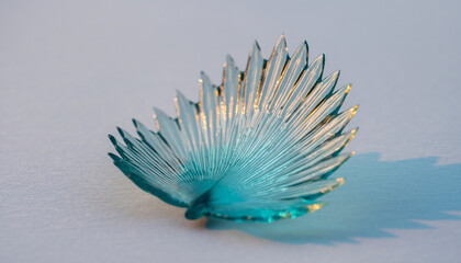 Close-up of a blue and gold glass sculpture on a white surface with a shadow