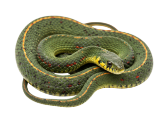 Isolated Coiled Green Snake with Yellow Stripe and Orange Spots on a Plain Background