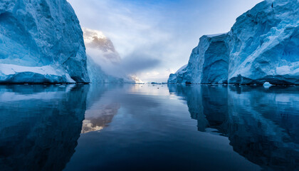 Serene icy landscape with towering glaciers reflecting in calm water under a cloudy sky