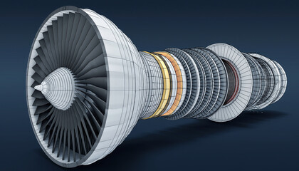 Cutaway view of a jet engine with visible internal components on a dark background