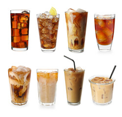 Iced coffee drinks isolated on white, set