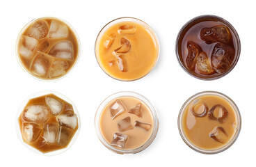 Iced coffee drinks isolated on white, set. Top view