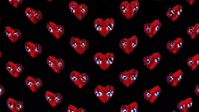 Cascading glowing heart eyes emoji animation loop, repeating pixel pattern of red hearts with sparkling eyes moving rhythmically, romantic digital love background design for valentine concept and moti