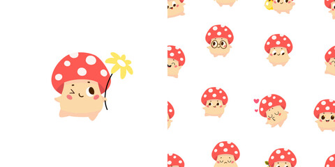 Cute fly agarics characters. Funny mushroom seamless pattern. Children mascot various emotions. Simple nursery print design, vector background