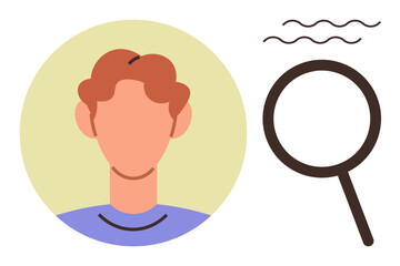 Abstract avatar of a person framed with a magnifying glass that suggests identification or research. Ideal for recruitment, search, HR, digital identity, analysis, investigation, user-focused