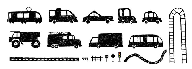 Pencil drawing road elements. Hand drawn crayon truck, bus, tram, taxi cars black silhouettes. Traffic signs, grunge ways and railway. Children design vector set