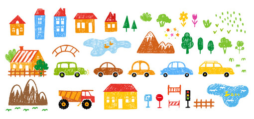 Vibrant crayon drawing countryside elements. Isolated houses, cars, truck, traffic signs and nature landscape. Lakes shapes, tree, children drawn vector clipart