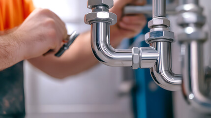Close-up on a worker's hands using a wrench to adjust the metal piping in a building's plumbing system. The silver pipes are interconnected with hexagonal nuts.