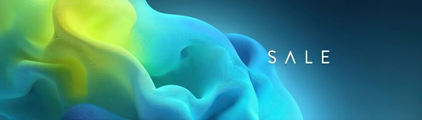 Fluid gradient backdrop, bold sale text, modern abstract design, birds-eye angle