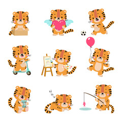 Cartoon tigers. Funny tiger drink coffee, riding scooter, drawing, packing things in cardboard box. Cute wild animal, children mascot, nowaday vector character