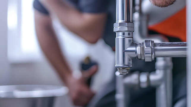 A plumber diligently works on installing or repairing pipes in a modern bathroom. The focus is on the metallic pipes and fittings, showcasing precision plumbing craftsmanship.