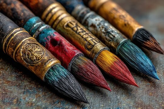 Close-up of used paintbrushes against a textured blue background, showcasing the artistry and tools of the artist's craft