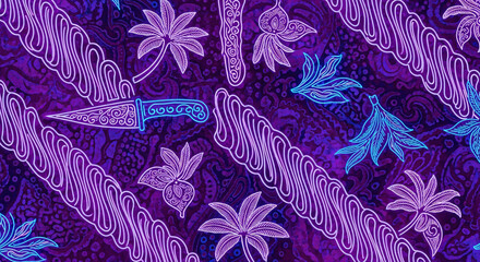 Intricate Batik Fabric Pattern with Floral Motifs and a Dagger Design in Purple Hues
