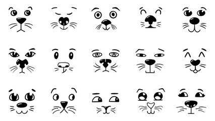 Doodle cat faces. Sketch comic dog kitten face, emotions of pets. Various animal mood, noses eyes, moustaches. Hand drawn neoteric vector elements