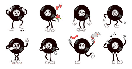 Vinyl retro character. Vinyl record mascot various poses and emotions. Music symbol in love, singing and on rollers. Groovy musical store neoteric vector symbol