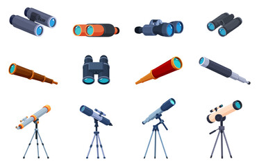 Cartoon optical devices. Binoculars and telescopes, astronomy equipment. Tools for scientific observation of people, birds, surveillance, sapid vector set