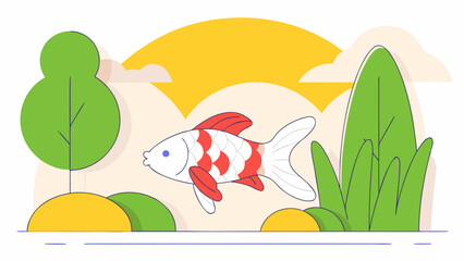 Illustration of a red and white fish swimming in a pond with trees and a yellow sun in the background on transparent background silhouette