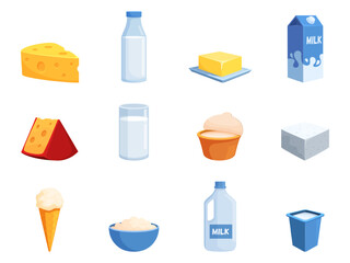Dairy products. Cheese milk butter and yoghurt. Isolated sour cream and ice cream in waffle cone. Cottage cheese, greek feta, sapid vector clipart