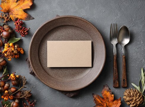 Elegant blank card presentation on a rustic brown plate with refined cutlery, evoking a sense of sophistication and autumnal warmth for invitations or fine dining settings.
