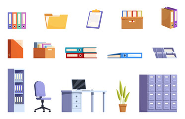 Isolated office icons. Papers, documents, various holders and folders. Cartoon shelves, work desk and cozy chair. Cardboard box and folder, sapid vector set