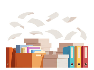 Office documents. Pile of folders, flying work papers. Different files, cardboard box and paper in containers. Work messy, sapid vector scene